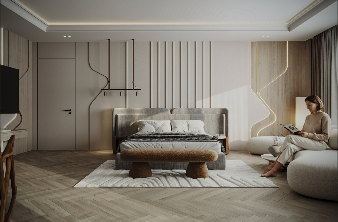 modern bedroom with neutral tones and marble surfaces design